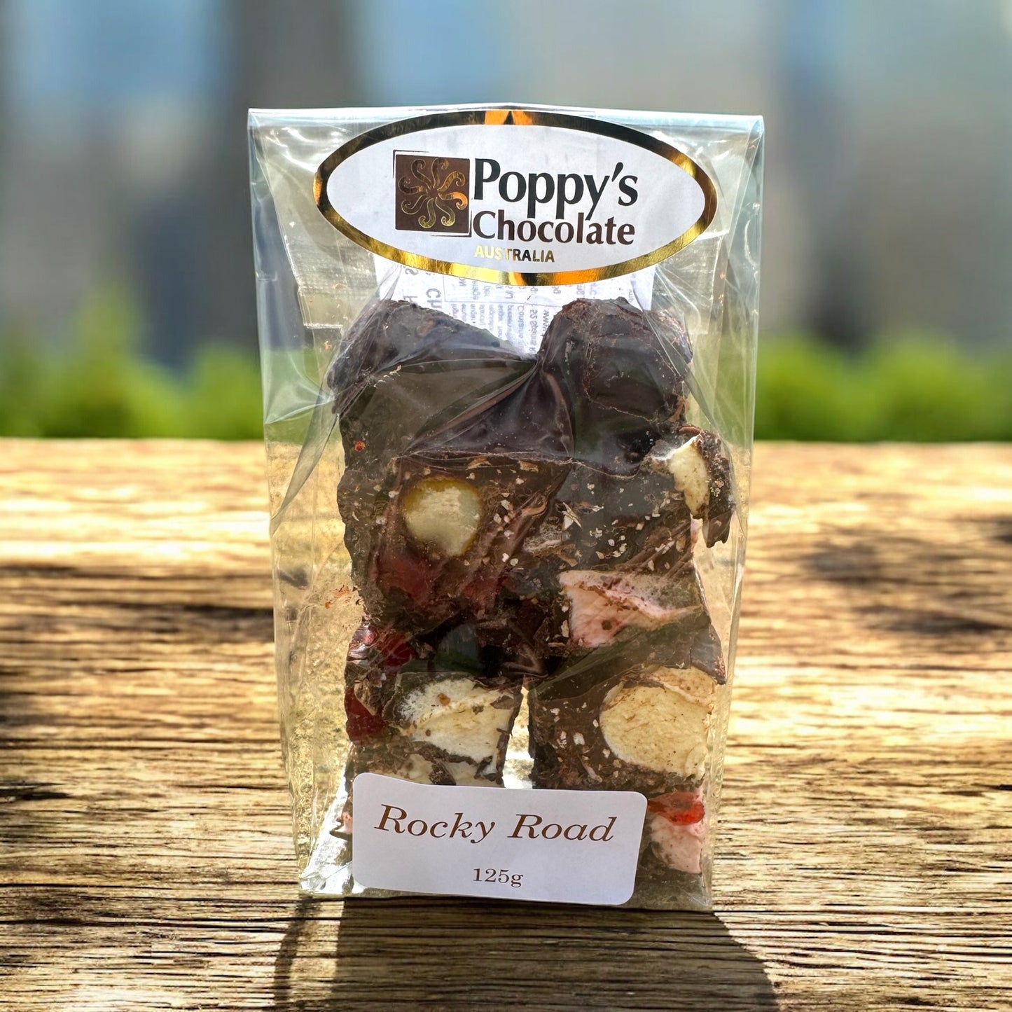 Poppy’s own Rocky Road Macadamia and Cherry Dark Chocolate