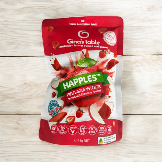 Gina’s table ‘Happles’ Freeze Dried Apple Bites, dusted with strawberry powder